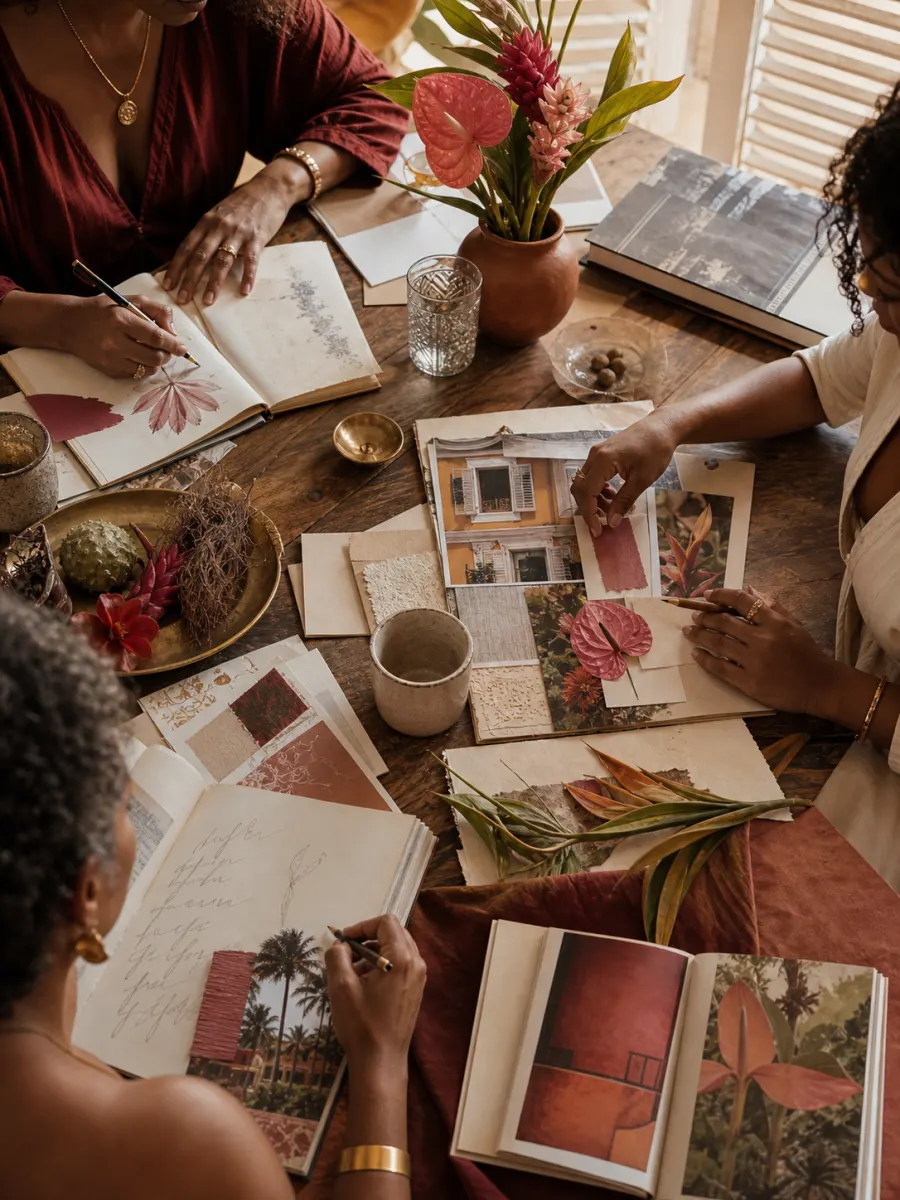 Table de salon créatif, livres d'art et mains de femmes